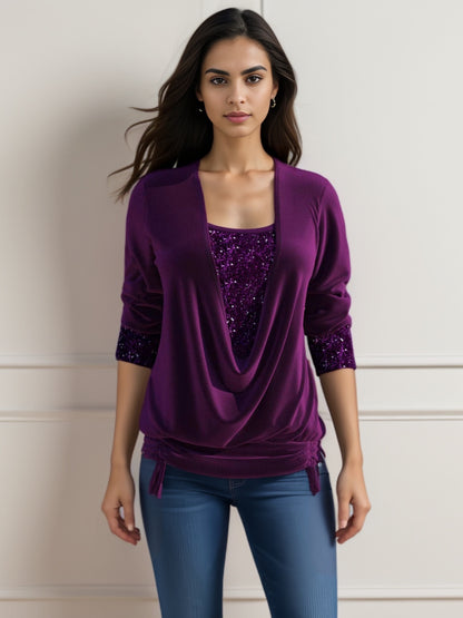 Women’s Sequin Contrast Loose Top – Drop Collar Long Sleeve Blouse
