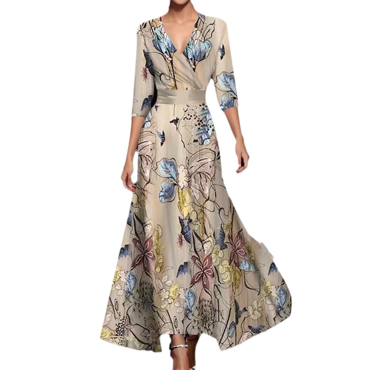 Women’s Cross V-Neck 3/4 Sleeve Floral Maxi Dress