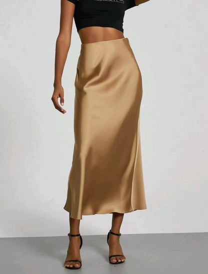 Women’s Slim Fit Satin Skirt – Chic Solid High Waist Long Skirt