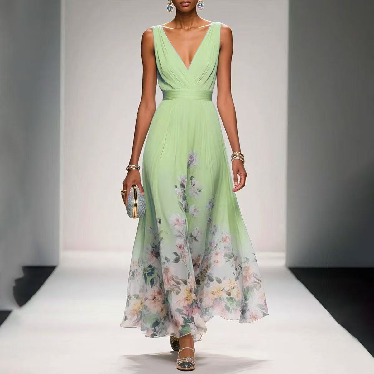 Elegant Chiffon Floral Print Maxi Dress – Sleeveless V-Neck Summer Party Wear