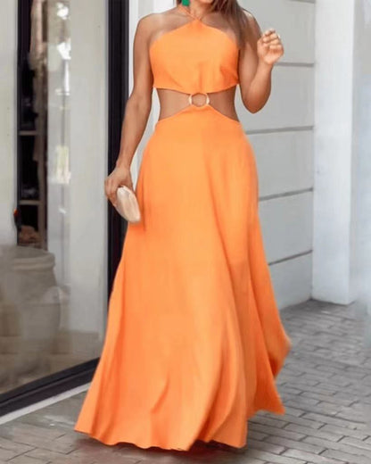 Elegant Orange Sleeveless Maxi Dress – Summer & Festive Collection