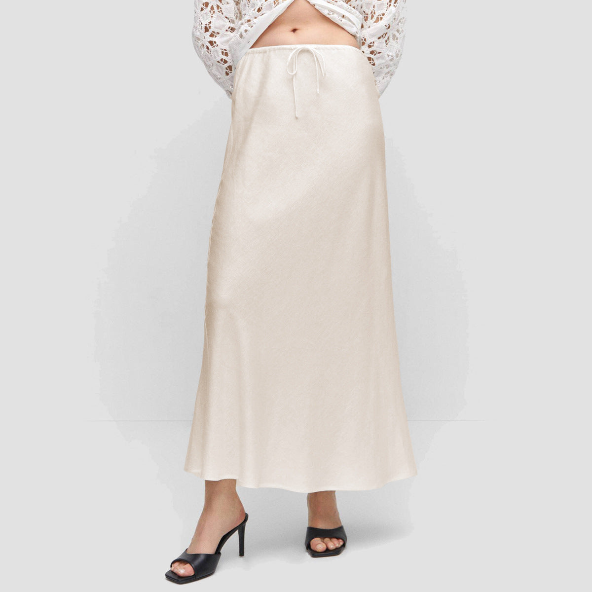 Women’s High Waist Satin Maxi Skirt – Elegant Drawstring Slip Skirt
