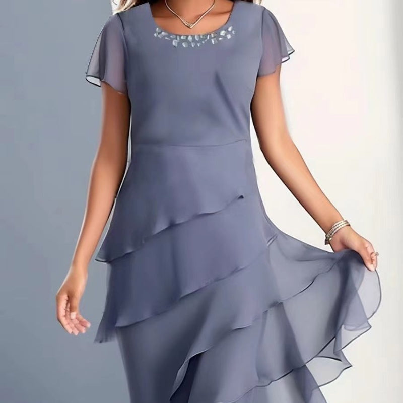 Women’s Chiffon Patchwork Round Neck Short Sleeve Dress – Elegant Evening & Party Wear