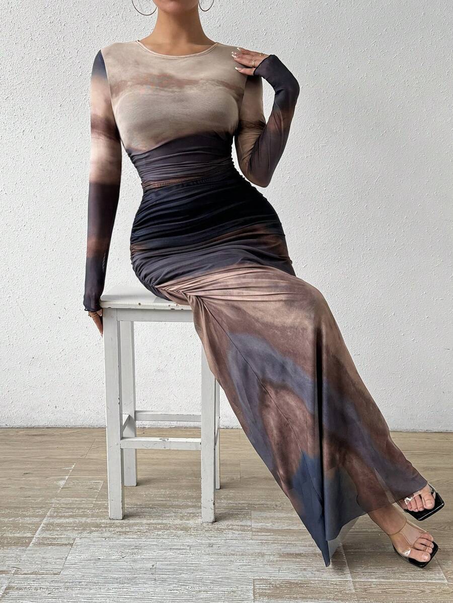 Women’s Tie-Dye Slim Fit Maxi Dress – Long Sleeve Bodycon Party Wear