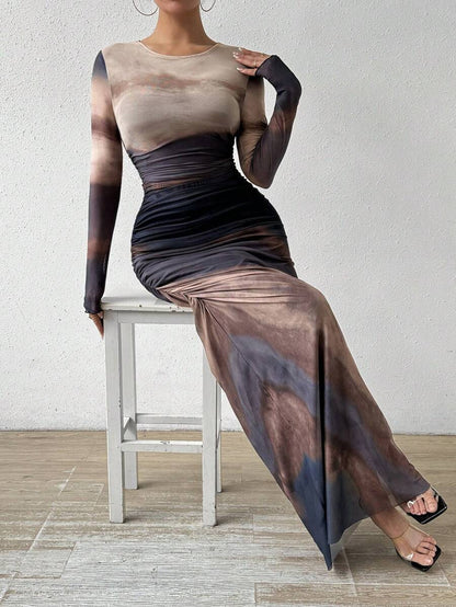 Women’s Tie-Dye Slim Fit Maxi Dress – Long Sleeve Bodycon Party Wear