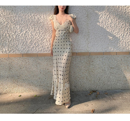 Lace V-Neck Polka Dot Maxi Dress – Elegant Slim Fit Evening Dress for Women
