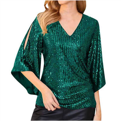Women’s Sequined Party Top – Loose Mid-Length Short Sleeve Blouse