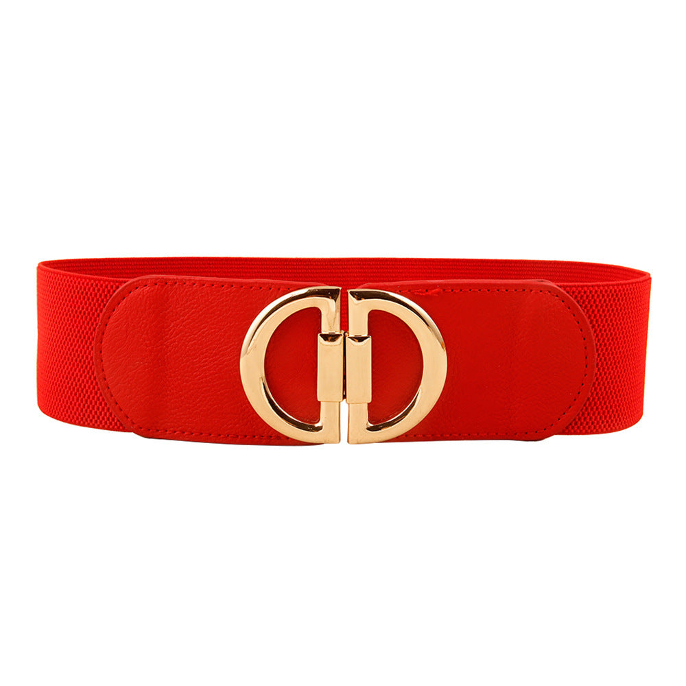 Women’s Elastic Wide Belt with Gold Buckle – Fashion Waist Cincher