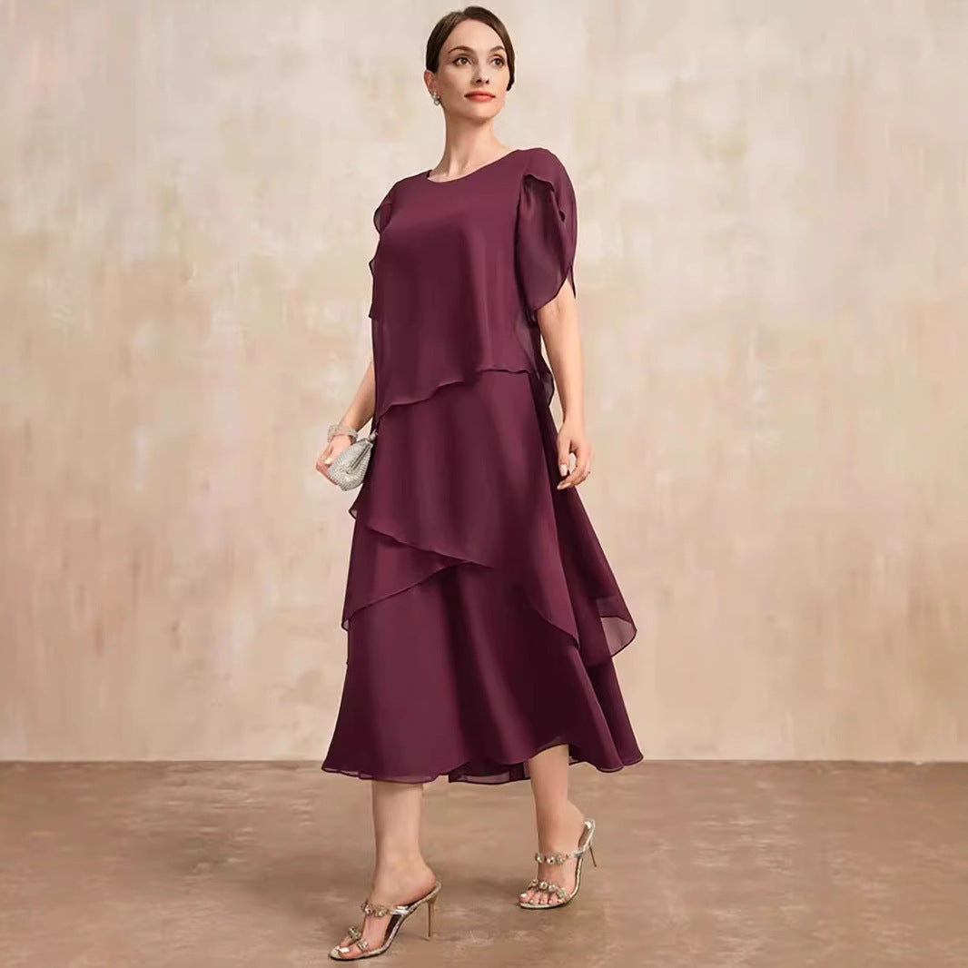 Women’s Layered Chiffon Loose Fit Dress – Elegant Belly Covering Plus Size Outfit