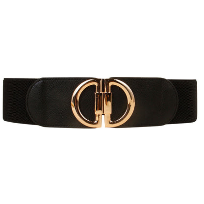 Women’s Elastic Wide Belt with Gold Buckle – Fashion Waist Cincher