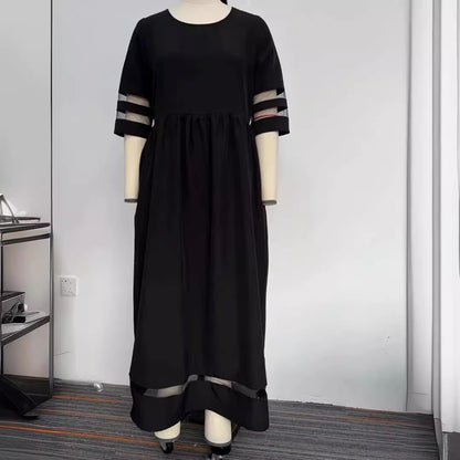 Women’s Casual Mesh Patchwork Maxi Dress with Pockets – Round Neck, 3/4 Sleeve