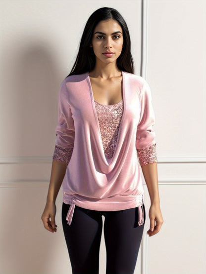 Women’s Sequin Contrast Loose Top – Drop Collar Long Sleeve Blouse