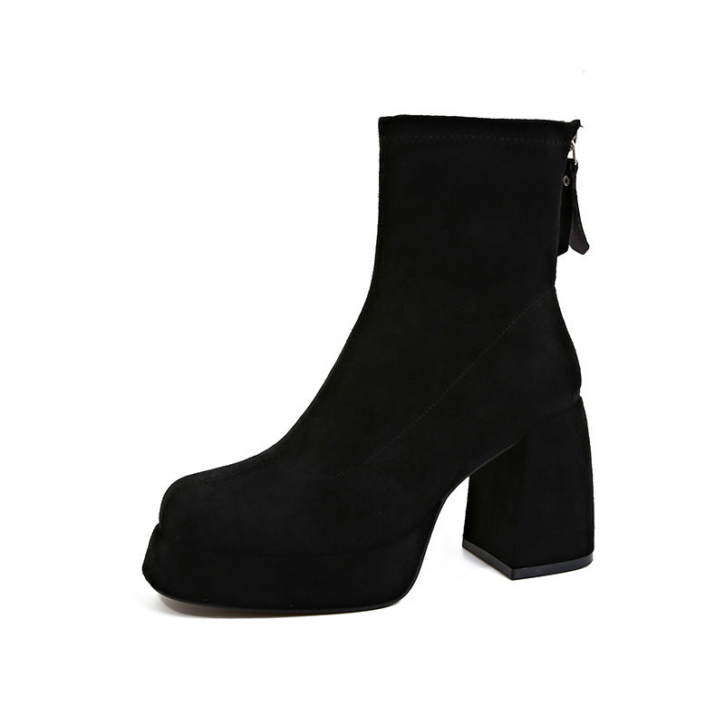 Fashion Suede Block Heel Boots – Women’s Back Zipper Ankle Boots