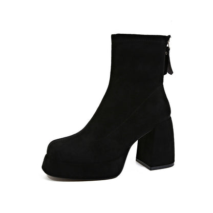 Fashion Suede Block Heel Boots – Women’s Back Zipper Ankle Boots