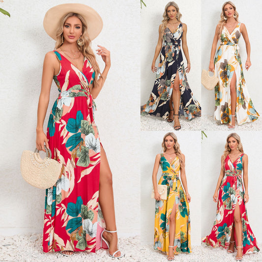 V-neck Floral Print Summer Maxi Dress – Sleeveless Slit Long Beach Dress for Women