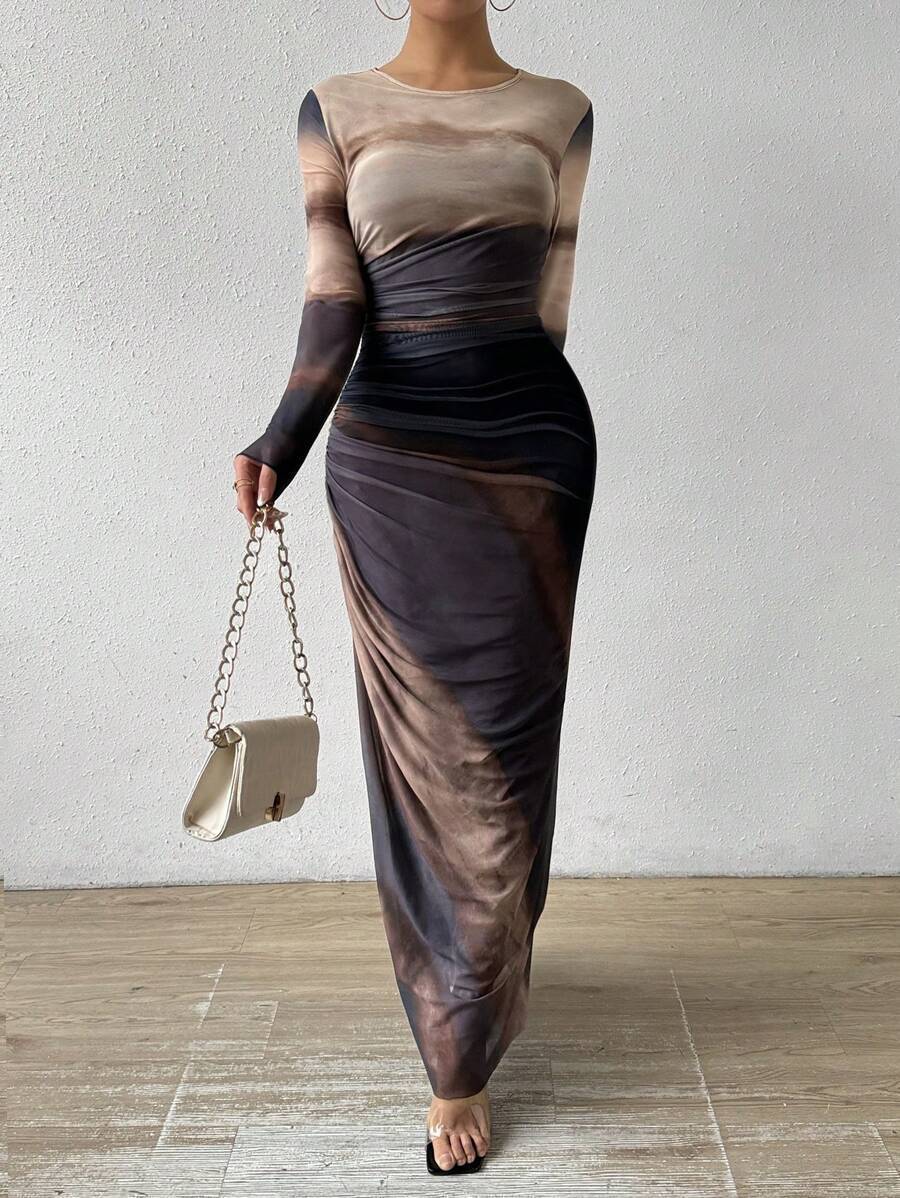 Women’s Tie-Dye Slim Fit Maxi Dress – Long Sleeve Bodycon Party Wear