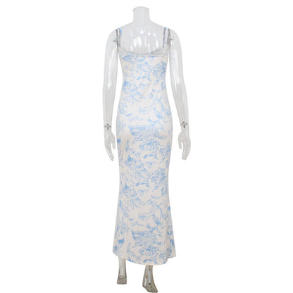 Vintage Printed Slim Fit Slimming Spaghetti Straps Dress
