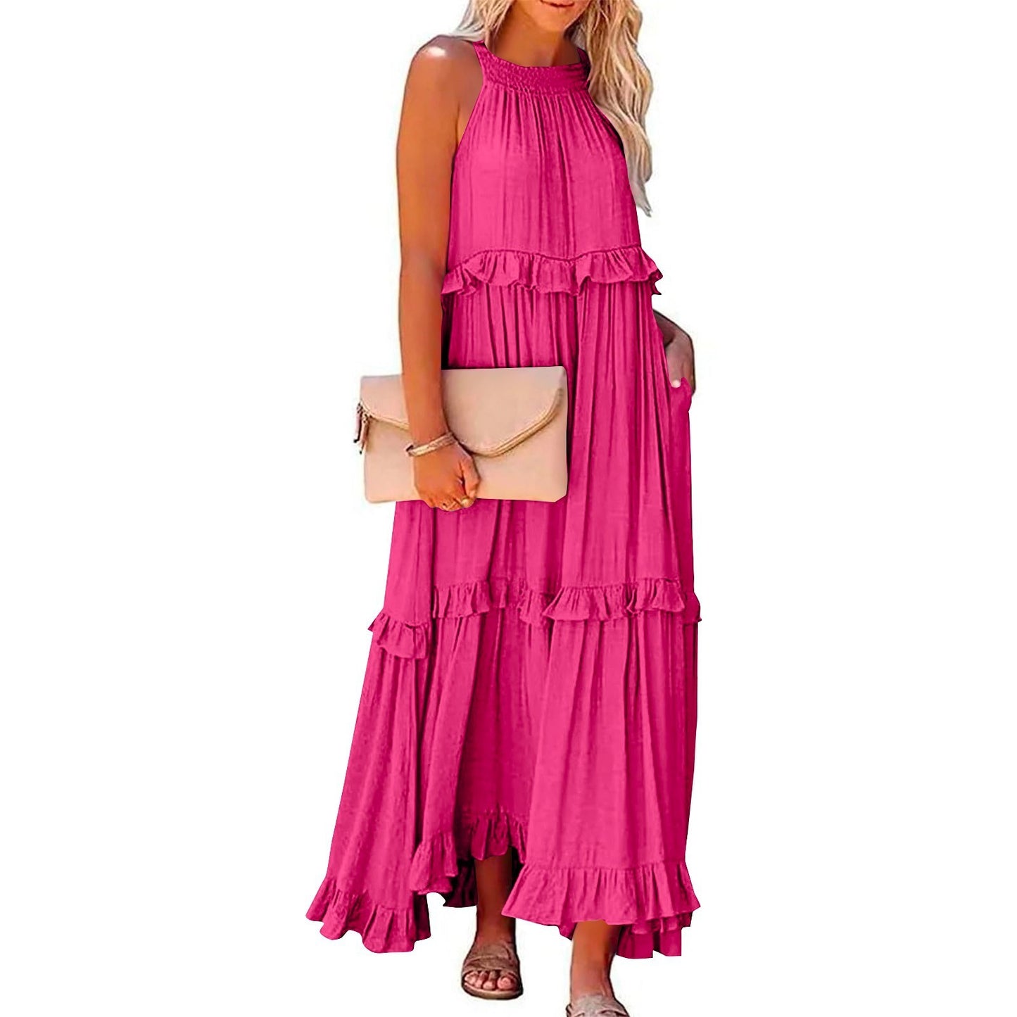 Summer Halter Neck Maxi Dress – Backless Beach Ruffle Dress for Women