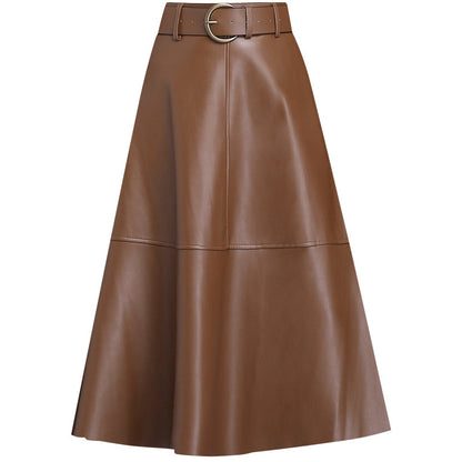 Women’s Leather A-Line Skirt – High Waist Pleated Midi Skirt