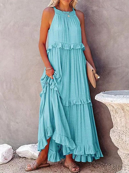 Summer Halter Neck Maxi Dress – Backless Beach Ruffle Dress for Women