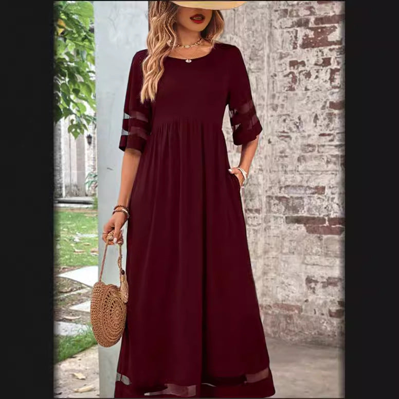Women’s Casual Mesh Patchwork Maxi Dress with Pockets – Round Neck, 3/4 Sleeve