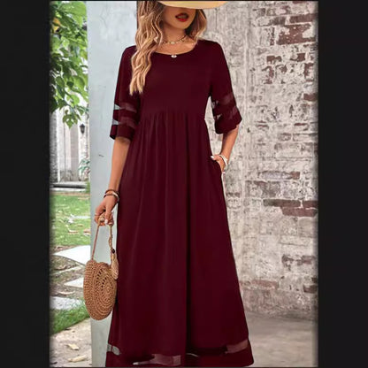Women’s Casual Mesh Patchwork Maxi Dress with Pockets – Round Neck, 3/4 Sleeve