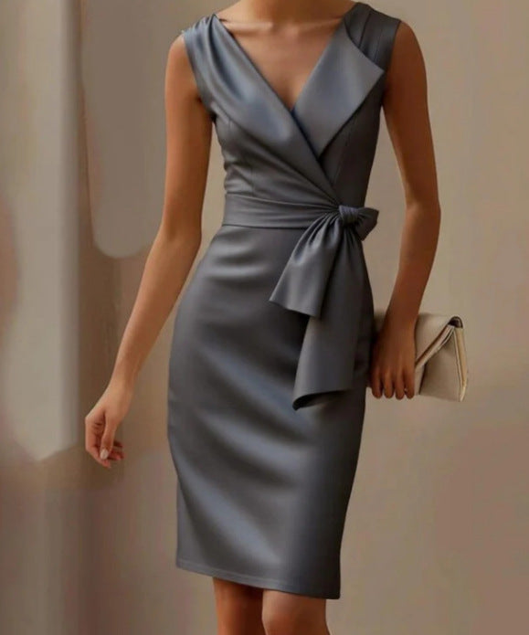 Elegant Bow Tie Waist Dress – Women’s Slim Fit Office & Party Wear