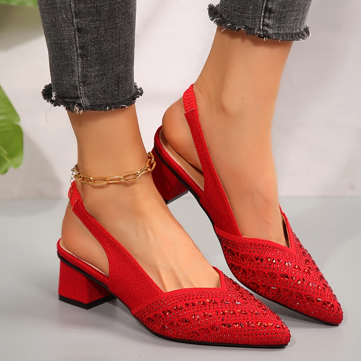 Women’s Plus Size Rhinestone Pointed Toe Low Heel Shoes – Elegant Party & Evening Sandals