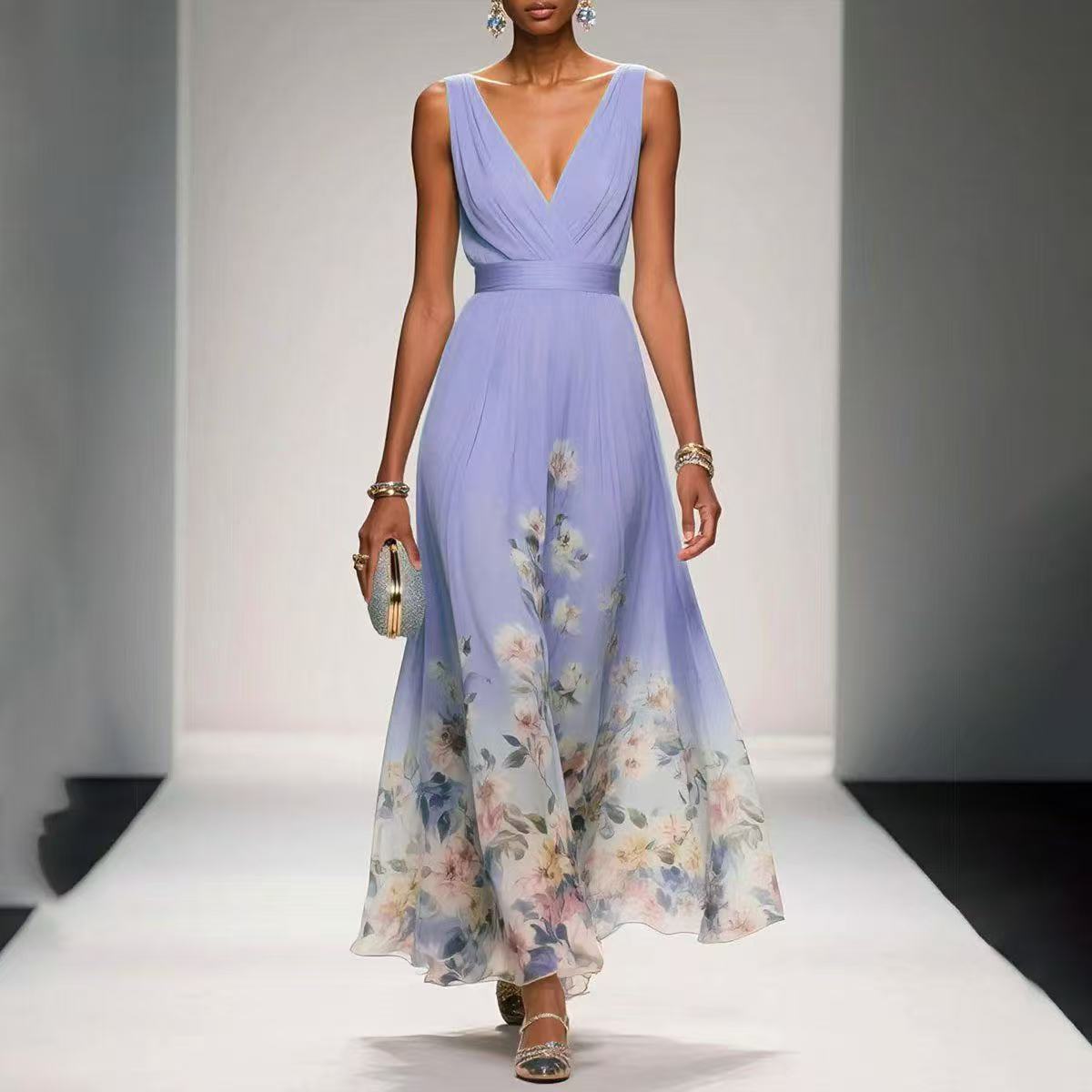 Elegant Chiffon Floral Print Maxi Dress – Sleeveless V-Neck Summer Party Wear