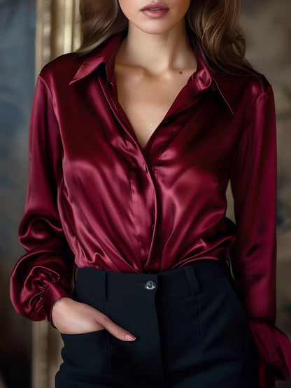 Women’s Satin Loose Shirt – Elegant Casual Long Sleeve Blouse