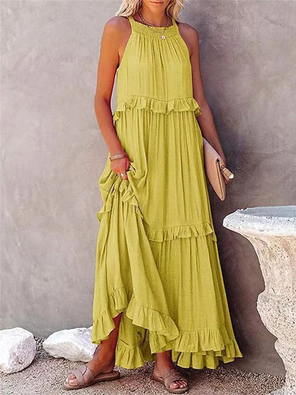 Summer Halter Neck Maxi Dress – Backless Beach Ruffle Dress for Women