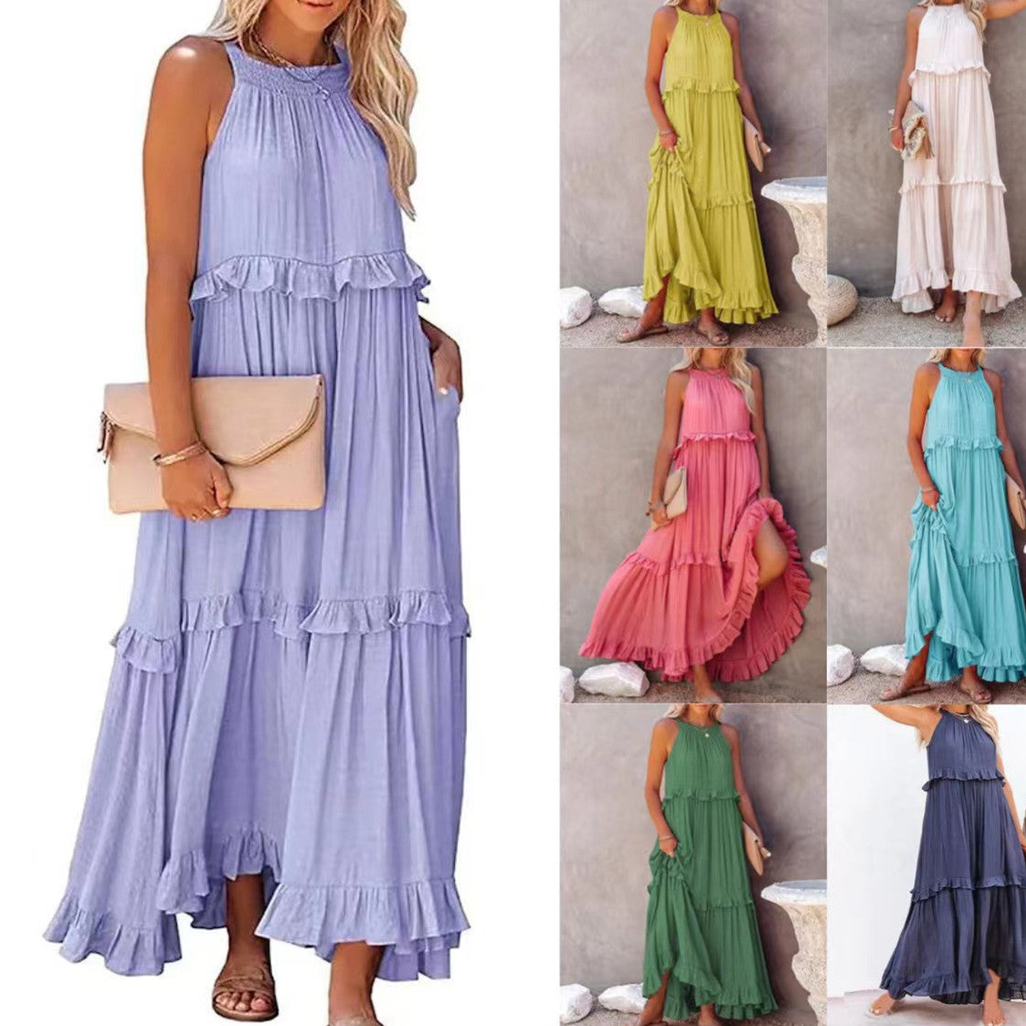 Summer Halter Neck Maxi Dress – Backless Beach Ruffle Dress for Women