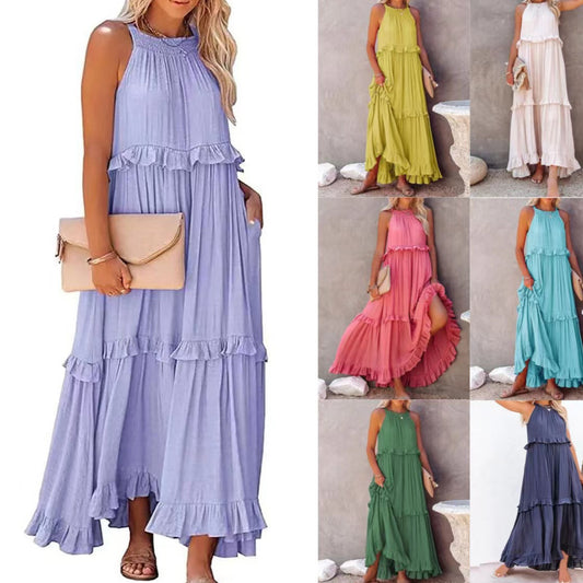 Summer Halter Neck Maxi Dress – Backless Beach Ruffle Dress for Women