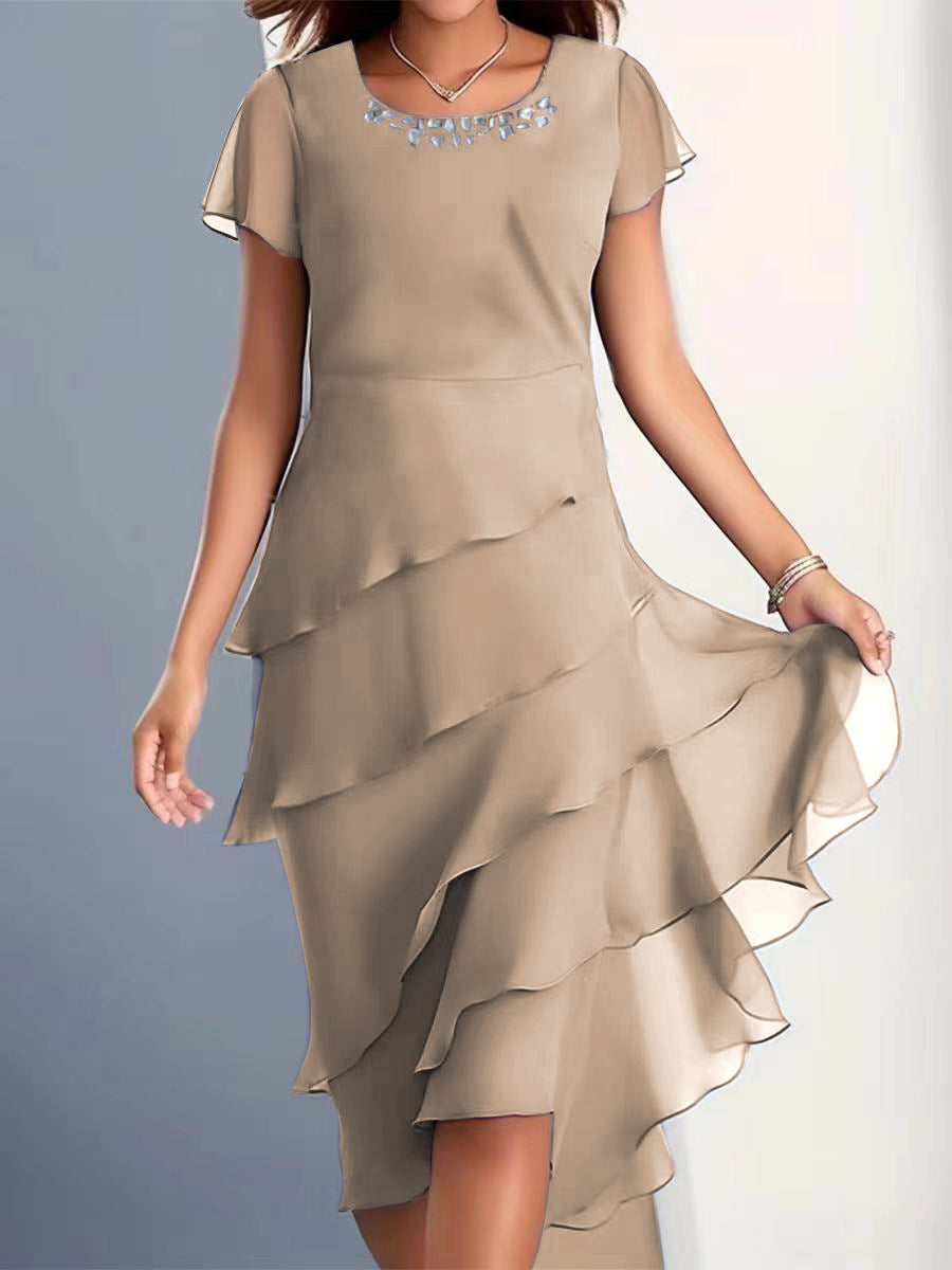Women’s Chiffon Patchwork Round Neck Short Sleeve Dress – Elegant Evening & Party Wear