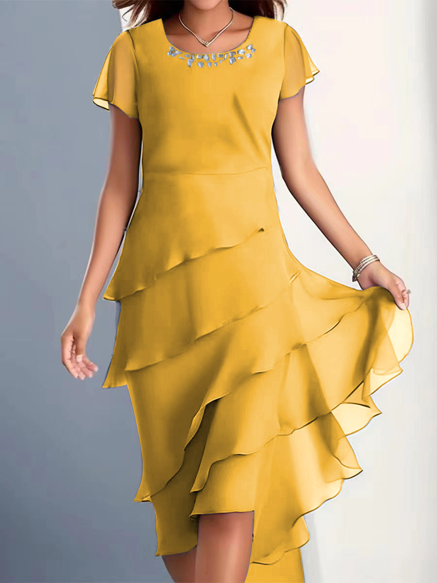 Women’s Chiffon Patchwork Round Neck Short Sleeve Dress – Elegant Evening & Party Wear