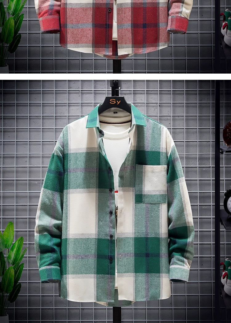 Long-Sleeved Vignette-Checkered Shirt Men's Shirts Long Sleeve Shirt Men's Cardigan Casual Plaid Top Long-Sleeve Shirt(