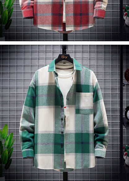 Long-Sleeved Vignette-Checkered Shirt Men's Shirts Long Sleeve Shirt Men's Cardigan Casual Plaid Top Long-Sleeve Shirt(