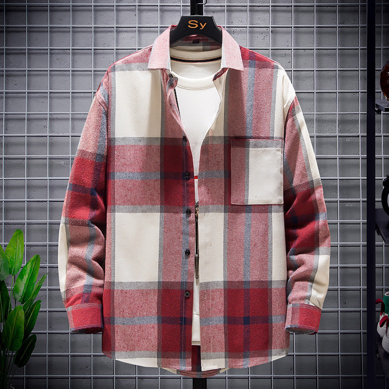 Long-Sleeved Vignette-Checkered Shirt Men's Shirts Long Sleeve Shirt Men's Cardigan Casual Plaid Top Long-Sleeve Shirt(