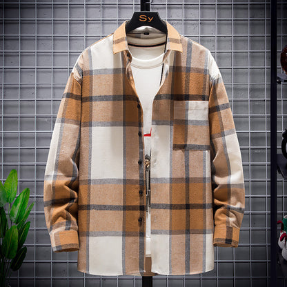 Long-Sleeved Vignette-Checkered Shirt Men's Shirts Long Sleeve Shirt Men's Cardigan Casual Plaid Top Long-Sleeve Shirt(