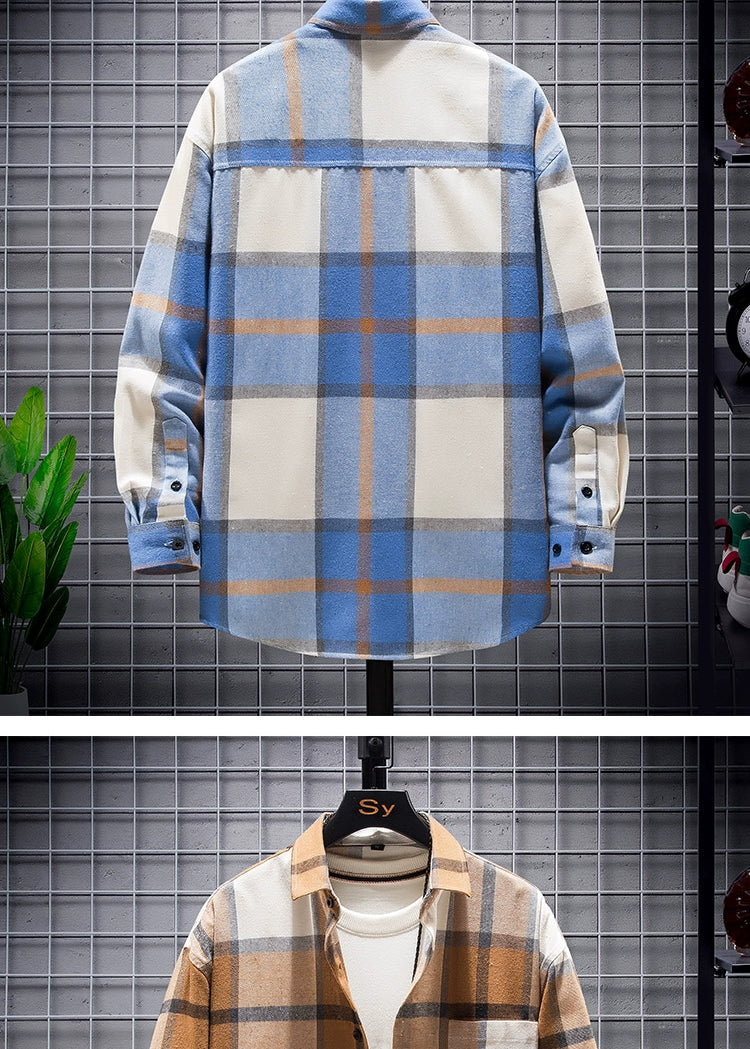 Long-Sleeved Vignette-Checkered Shirt Men's Shirts Long Sleeve Shirt Men's Cardigan Casual Plaid Top Long-Sleeve Shirt(
