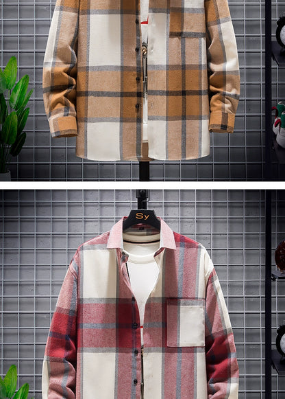 Long-Sleeved Vignette-Checkered Shirt Men's Shirts Long Sleeve Shirt Men's Cardigan Casual Plaid Top Long-Sleeve Shirt(