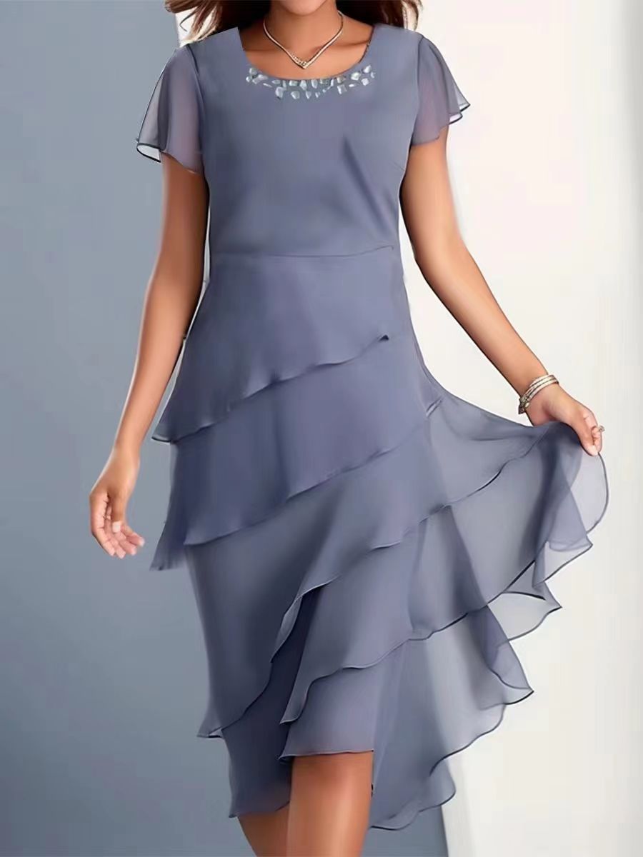 Women’s Chiffon Patchwork Round Neck Short Sleeve Dress – Elegant Evening & Party Wear