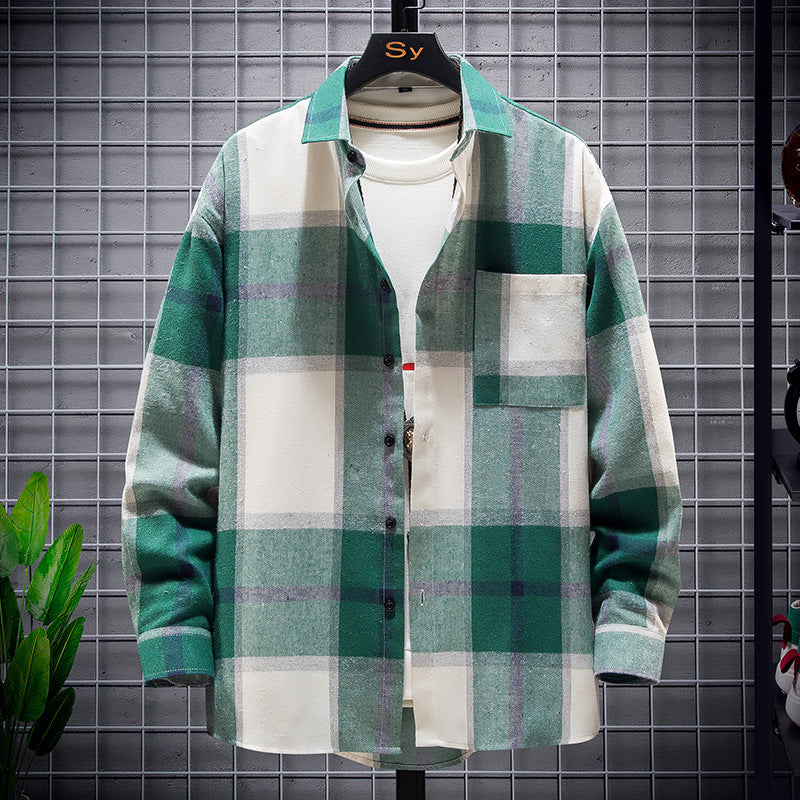 Long-Sleeved Vignette-Checkered Shirt Men's Shirts Long Sleeve Shirt Men's Cardigan Casual Plaid Top Long-Sleeve Shirt(