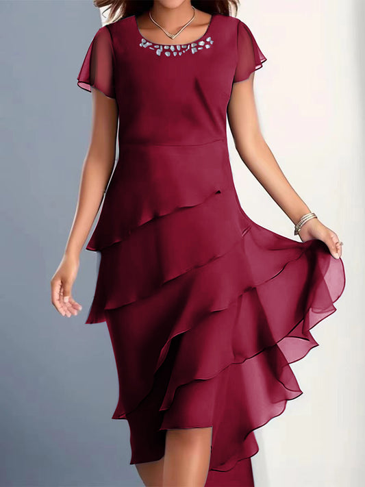 Women’s Chiffon Patchwork Round Neck Short Sleeve Dress – Elegant Evening & Party Wear