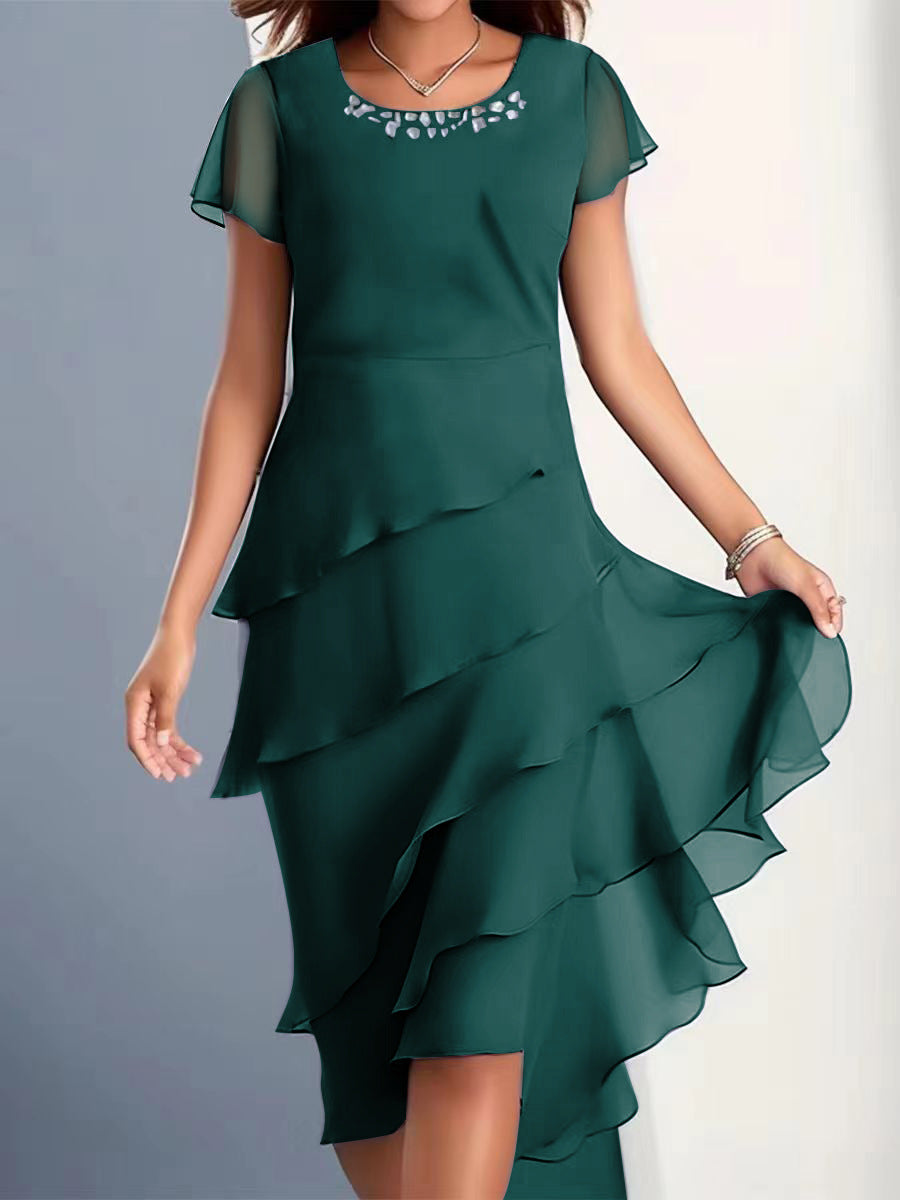 Women’s Chiffon Patchwork Round Neck Short Sleeve Dress – Elegant Evening & Party Wear