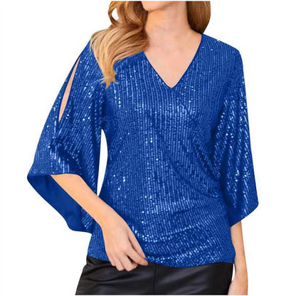 Women’s Sequined Party Top – Loose Mid-Length Short Sleeve Blouse