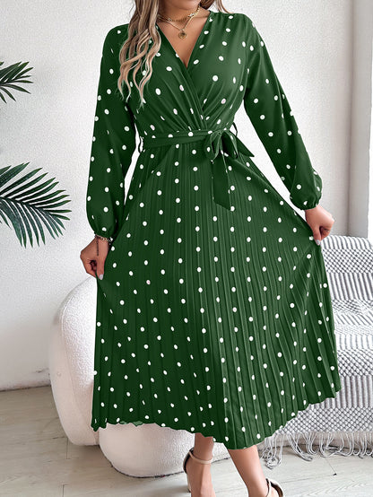 Women’s Polka Dot Long Sleeve Wrap Maxi Dress – Elegant Pleated V-Neck
