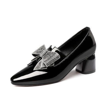 Women’s Rhinestone Bow High Heel Shoes – Elegant Block Heel Party & Office Pumps