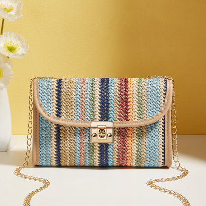Woven Rainbow Crossbody Bag – Trendy Square Sling Bag with Gold Chain