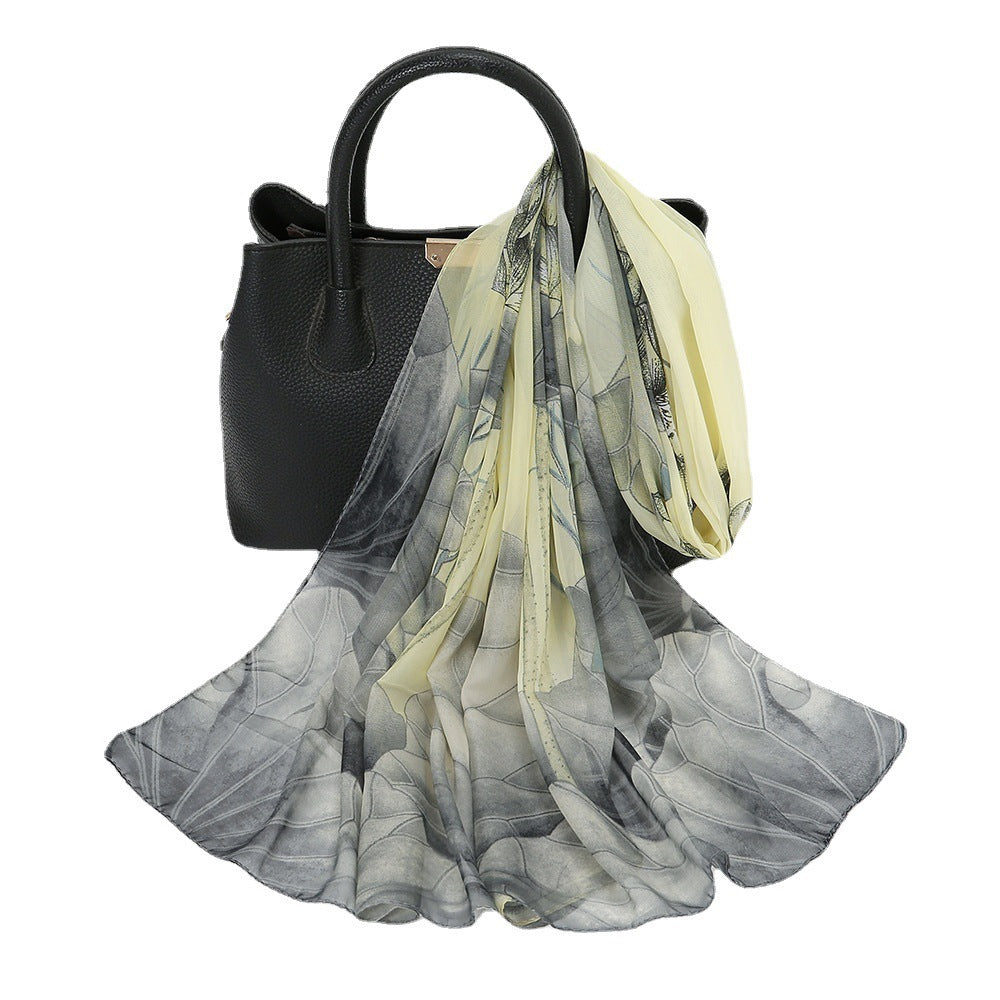 Elegant Chiffon Printed Silk Scarf – Lightweight Lotus Pond Moonlight Wrap for Women
